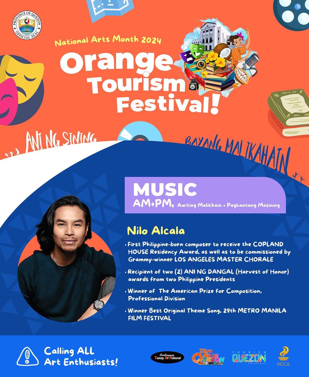 Mga kalalawigan ng Quezon! Tara na, samahan nyo po ako sa isang 3-day workshop para sa mga  Singer-Songwriters! "𝗔𝗠+𝗣𝗠: 𝗔𝘄𝗶𝘁𝗶𝗻𝗴 𝗠𝗮𝗹𝗶𝗸𝗵𝗮𝗶𝗻 + 𝗣𝗮𝗴𝗸𝗮𝗻𝘁𝗮𝗻𝗴 𝗠𝗮𝘀𝗶𝗻𝗶𝗻𝗴" 
#OrangeTourismFestival #NationalArtsMonth2024