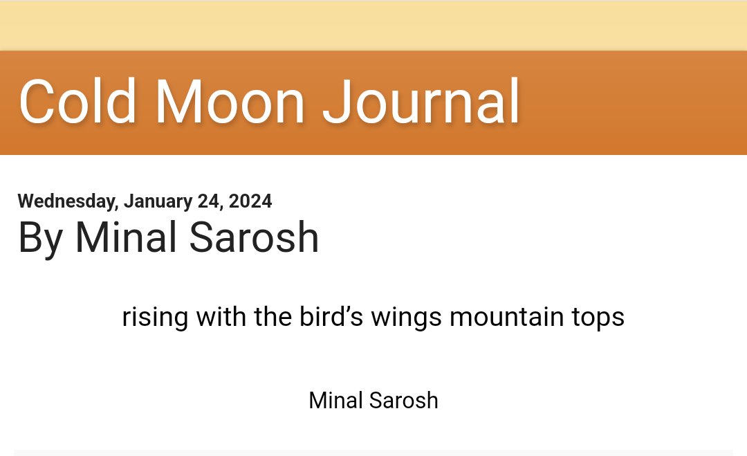 MinalSarosh's tweet photo. Many thanks @beach_haiku for featuring my #monoku!!
#haikupoet #coldmoonjournal
#bird #mountain #Tuesday
#poetrycommunity #words
https://t.co/V8YXU3RjZT https://t.co/1ykUHnaose