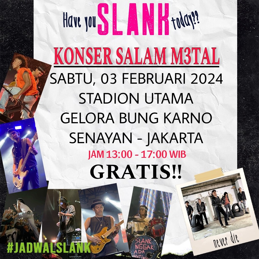 Yoo Slankers Indonesia! Ayo bersiap ramaikan Konser SALAM M3TAL di Stadion Utama Gelora Bung Karno - Senayan, Jakarta. Hari Sabtu, 03 Februari 2024 mulai jam 13.00 - 17.00 WIB GRATISSSSS!! Ajak semua orang terdekat & sebarkan ke yang lain 🤟 Saksikan musik video SALAM M3TAL…