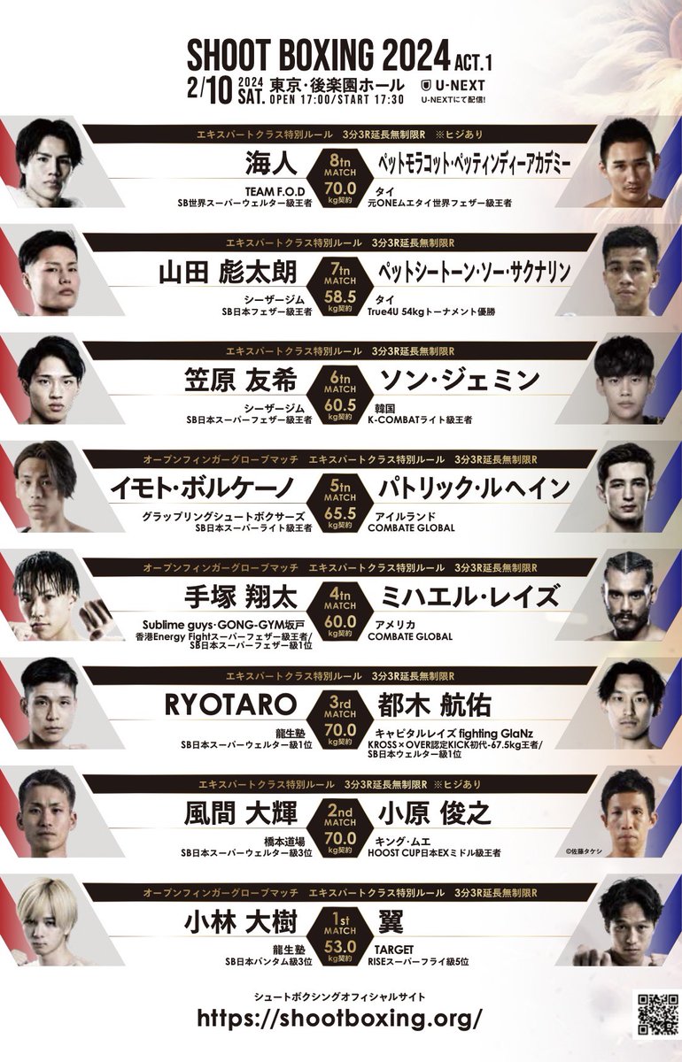 ／
#SHOOTBOXING 2024 act.1
メインは海人、セミに山田彪太朗が抜擢！　全対戦カード試合順が決定💥
＼

2024年2月10日（土）東京・後楽園ホール『SHOOT BOXING 2024 act.1』の全対戦カード試合順が決定。

メインイベントではSB世界スーパーウェルター級王者・海人（TEAM