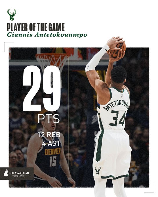 A graphic featuring a photo of Giannis Antetokounmpo shooting. Text on the graphic reads, "Player of the Game. Giannis Antetokounmpo. 29 PTS, 12 REB, 4 AST."