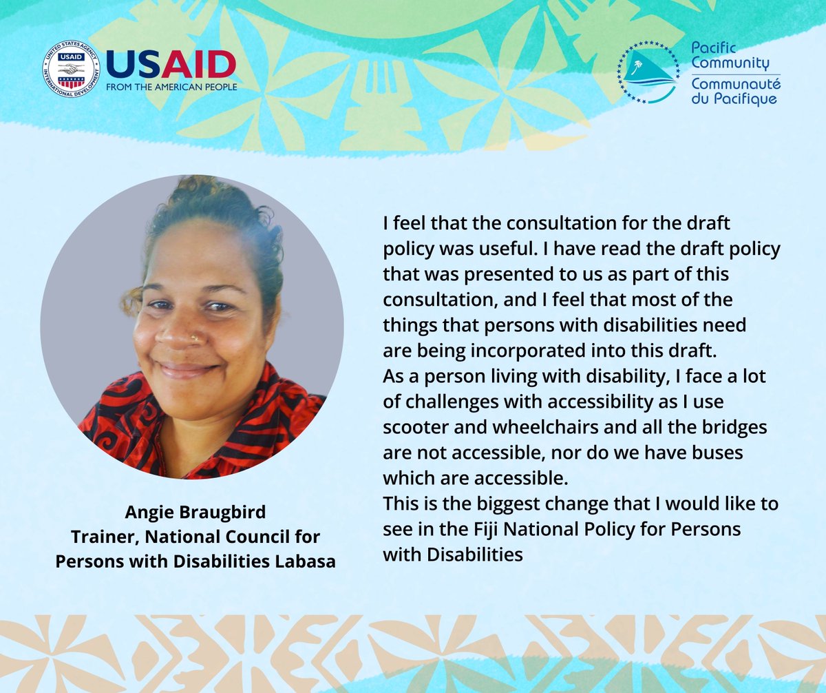 #PacificPeoples | Angie Braugbird shares her top priority area for the Fiji National Policy for Persons with Disabilities 2024-2033. @NCPDfiji continues consultations this week towards a robust national disability policy in Fiji. Supported by @usaidpacificisl #PROJECTGovernance