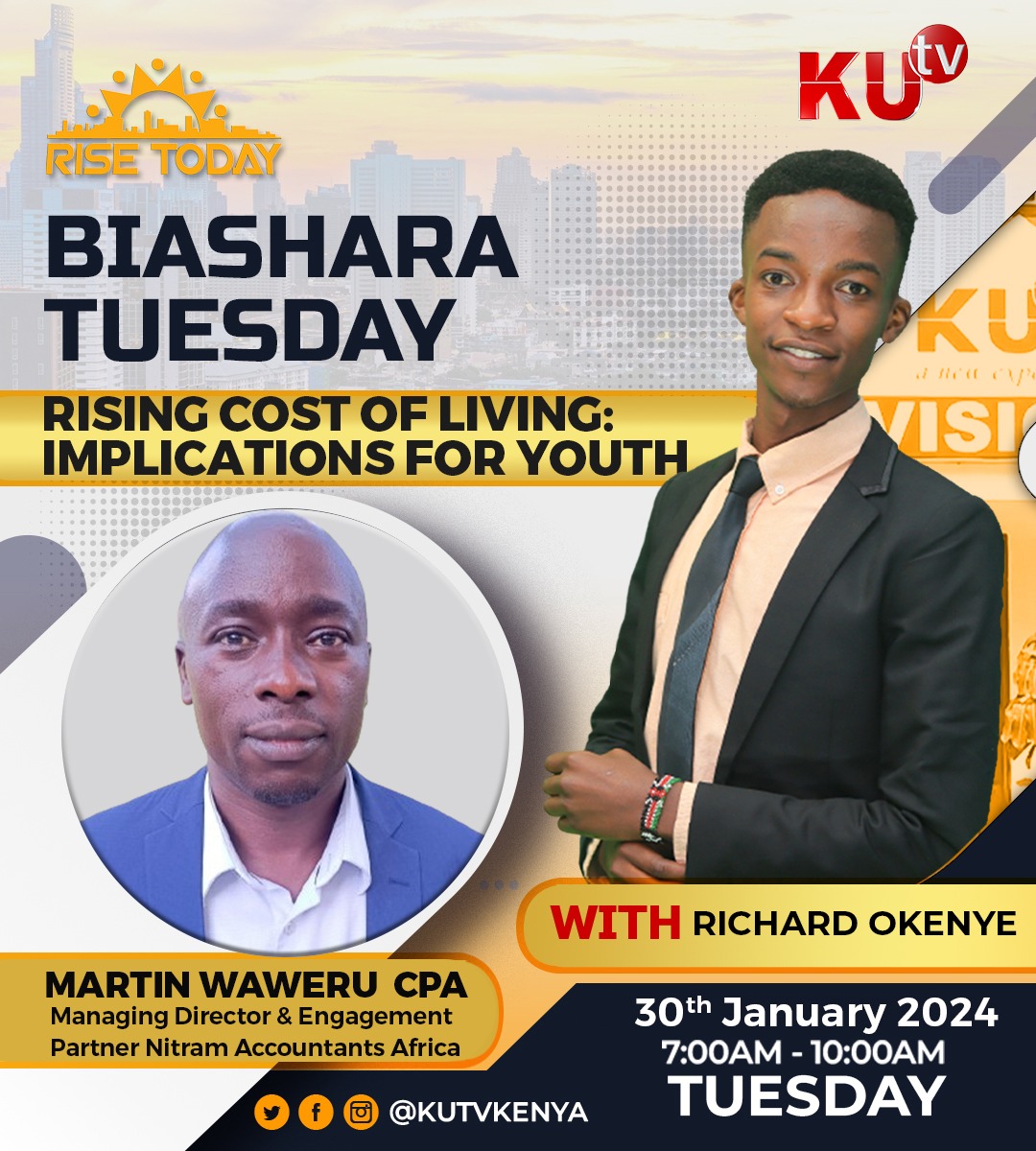 kutv_kenya's tweet photo. On the lounge are Martin Waweru, MD and engagement partner Nitram Accountants Africa and Ephraim Ochieng, a KU student and @FSKUonline member. They are both here to discuss the rising cost of living and especially it's implications on the youth. Tune in now.
#BiasharaTuesday https://t.co/qmECXJx9Zn