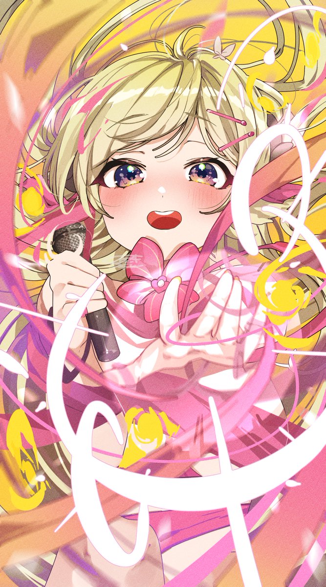 tsunomaki watame 1girl blonde hair solo microphone blush holding holding microphone  illustration images