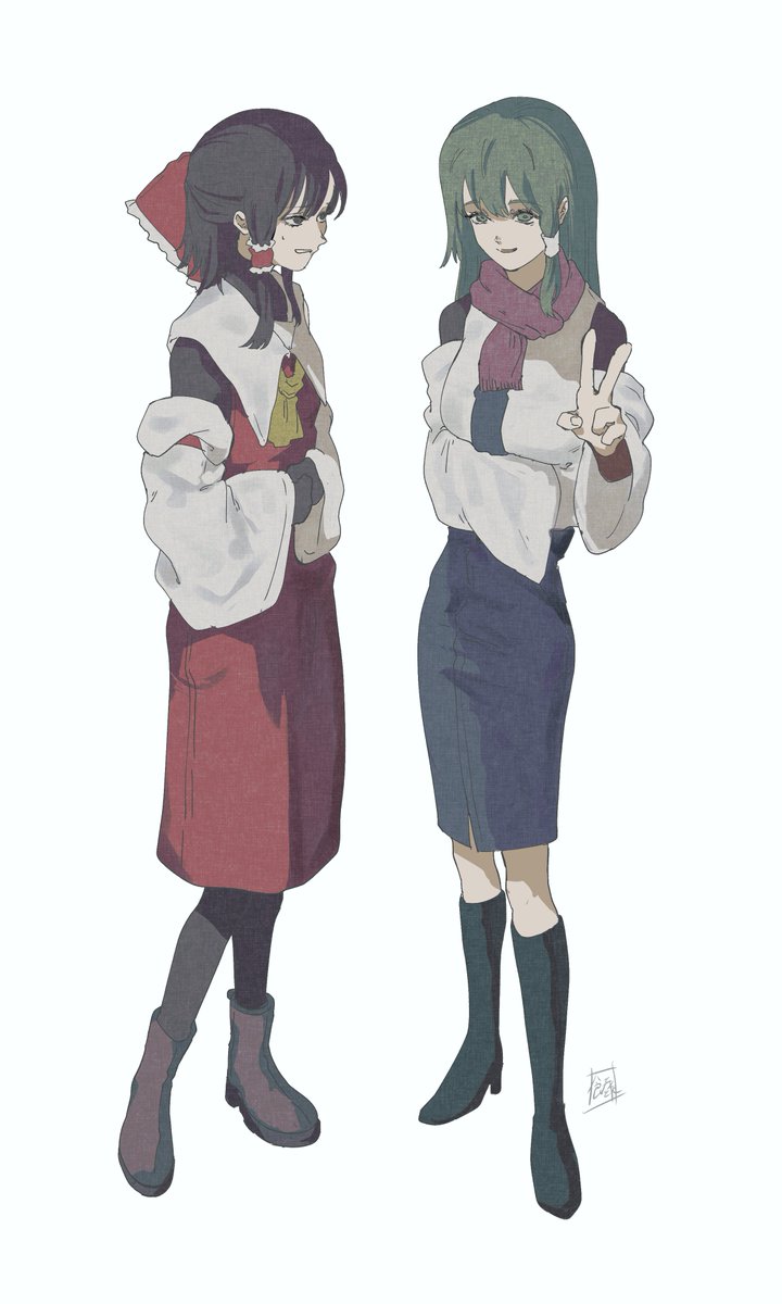 hakurei reimu ,kochiya sanae 2girls multiple girls detached sleeves green hair hair tubes skirt boots  illustration images
