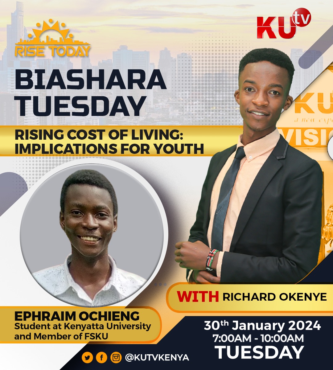 kutv_kenya's tweet photo. On the lounge are Martin Waweru, MD and engagement partner Nitram Accountants Africa and Ephraim Ochieng, a KU student and @FSKUonline member. They are both here to discuss the rising cost of living and especially it's implications on the youth. Tune in now.
#BiasharaTuesday https://t.co/qmECXJx9Zn