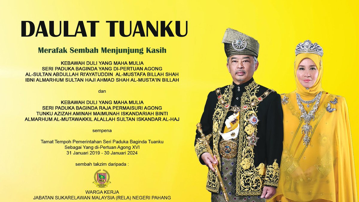 𝗗𝗔𝗨𝗟𝗔𝗧 𝗧𝗨𝗔𝗡𝗞𝗨!

Merafak Sembah Menjunjung Kasih

Kebawah Duli Yang Maha Mulia Seri Paduka Baginda Yang di-Pertuan Agong XVI Al-Sultan Abdullah Ri'ayatuddin Al-Mustafa Billah Shah Ibni Almarhum Sultan Haji Ahmad Shah Al-Musta'in Billah