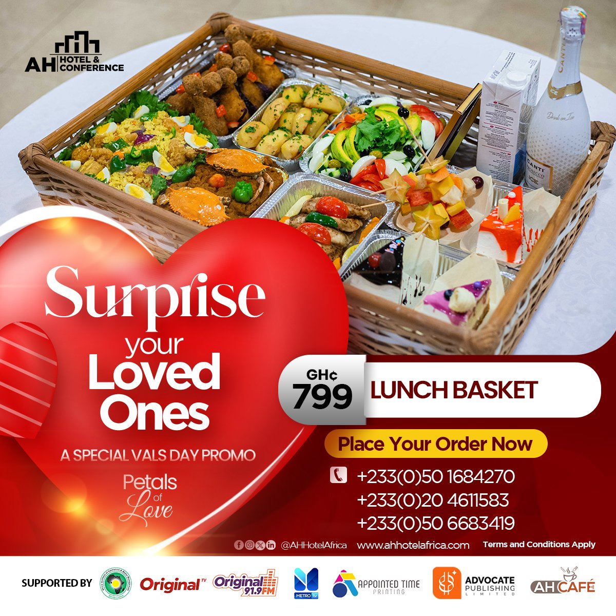 Surprise your loved ones this Valentine's Day with our exclusive promo. Place Your Order Now: +233(0)50 1684270 +233(0)20 4611583 +233(0)50 6683419 #ValentinesDay #PetalsOfLove #AHCelebrates #AfrocentricHospitality #AHHotel