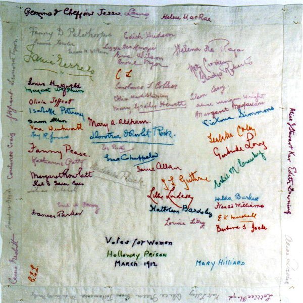 Handkerchief featuring embroidered signatures of Frances Parker &amp; 65 fellow suffragettes who were held at Holloway Prison, 1912, London. Many of the women prisoners were repeatedly tortured for their cause #WomensArt