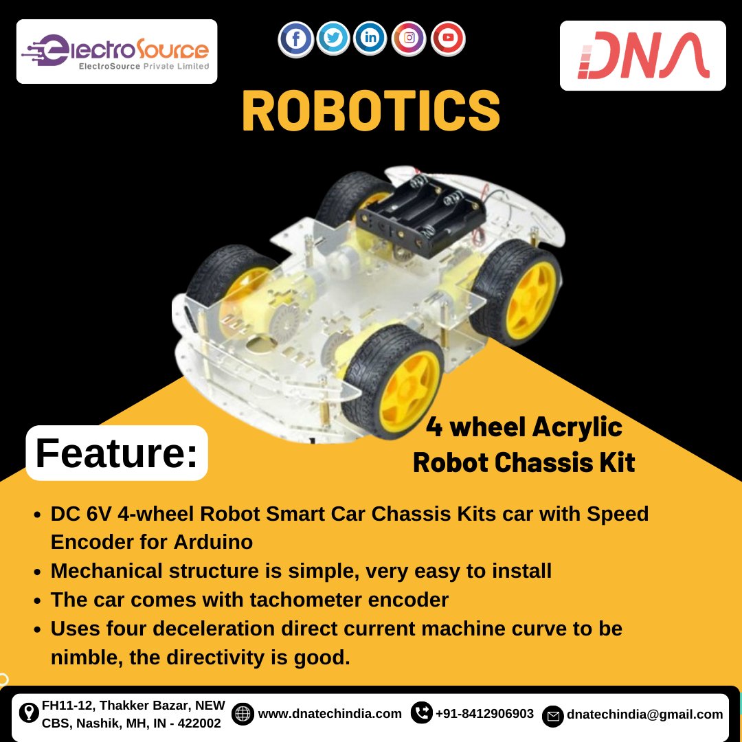 dnatechindia's tweet image. ROBOTICS
4 wheel Acrylic Robot Chassis Kit
#robotics #fourwheel #robot  #chassis #kit #smartcar #kits #speed #encoder #arduino #mechanical #structure #veryeasy #install #car #speedup #electronics #electroniccomponents #nashikcity