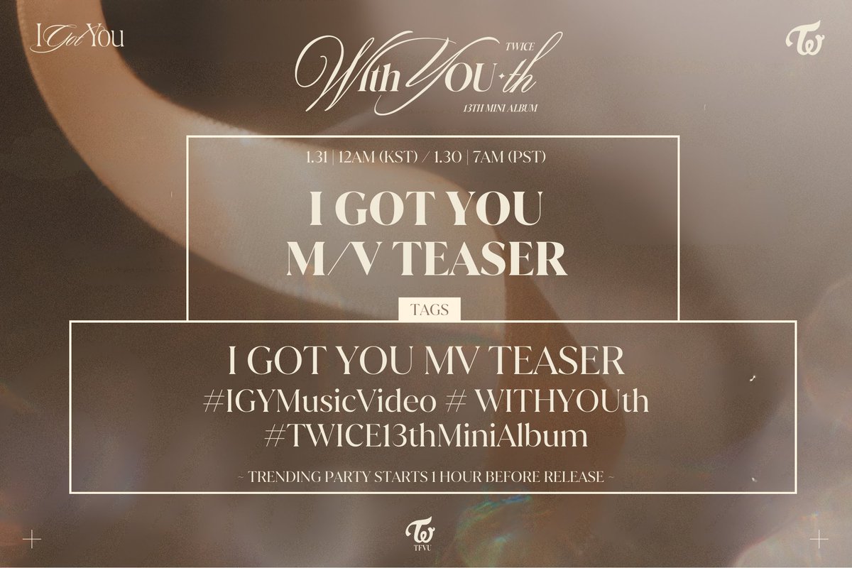 TRENDING PARTY STARTS NOW!

Drop/use the tags + include photos, comments, and gifs to not mark as spam

🎯 1000 comments, 500 rts

I GOT YOU MV TEASER
#IGYMusicVideo #WITHYOUth #TWICE13thMiniAlbum <a href="/JYPETWICE/">TWICE</a>