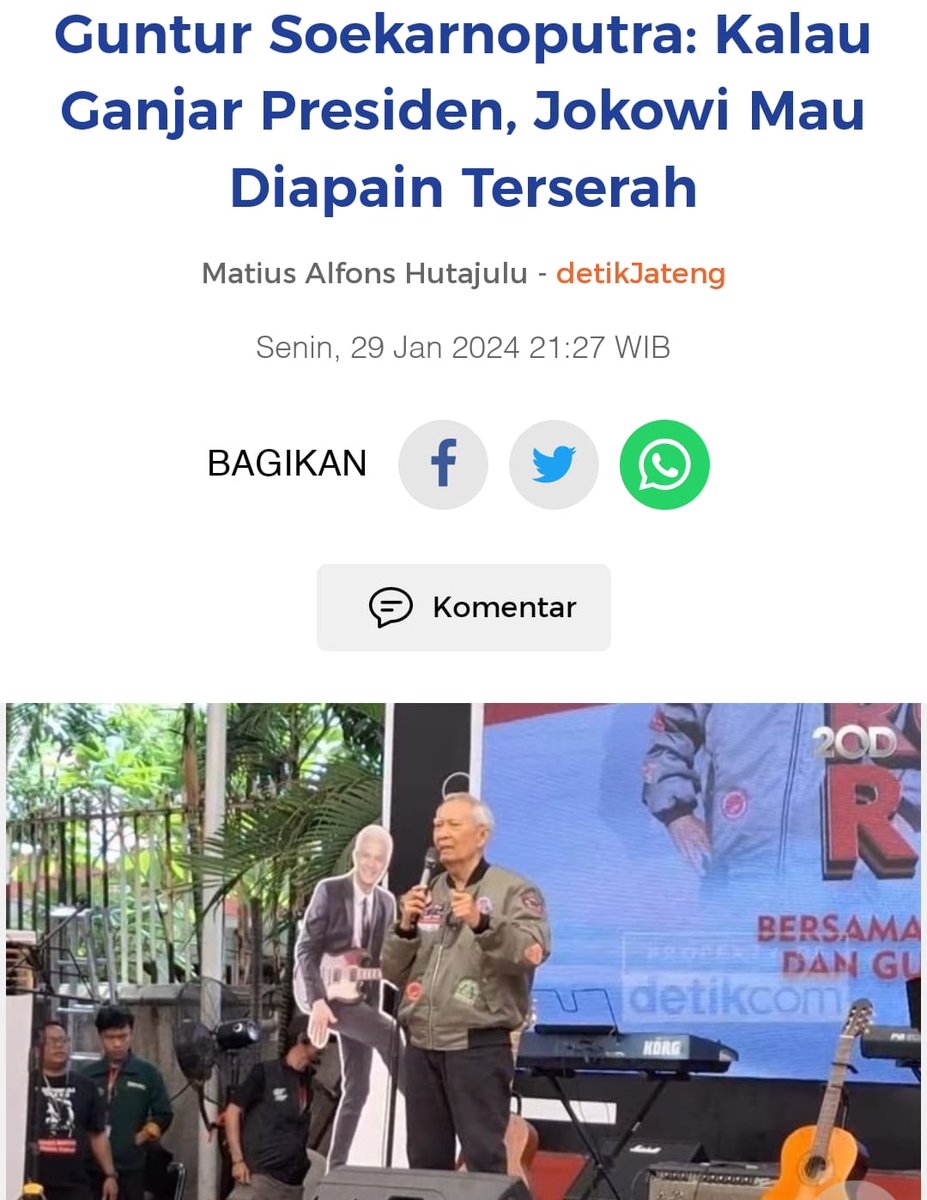 Leonita_Lestari's tweet photo. "Kalau Ganjar dan Mahfud sudah jadi presiden dan wakil presiden, presiden punya hak prerogatif, gampang itu Jokowi mau diapain, terserah," kata Guntur kakak bu Mega.

Kalimat itu diucapkan di depan relawan dalam acara bertajuk "Rock and Roll Day’s" di Rumah Aspirasi Ganjar-Mahfud di Jalan Diponegoro Nomor 72, Menteng, Jakarta Pusat, Senin (29/1/2024). “

“... gampang itu Jokowi mau diapain…” 

Kalimat itu ga main - main. Entah kenapa aroma negatif dalam kalimat itu jauh lebih bisa kita rasakan dibanding maksud yang lain. Itu seperti terpeleset lidah atas sebab kemarahan luar biasa pada Jokowi dan maka pantas untuk dilampiaskan.

Namun rencana itu baru akan dilakukan saat mereka sudah menang, itu bicara soal mentalitas. Dan anda semua pasti tahu dari mentalitas seperti apa ide seperti itu bisa lahir. 

Itu juga seperti teori saat kita menang maka boleh berlaku semena - mena dan saat kalah boleh bilang lawannya curang. Dan biasanya, teori semacam itu hanya akan berlaku bagi pihak yang sudah merasa pasti akan kalah. Mereka hanya sedang kalut dan maka omongannya ngawur…

Tapi bila ucapan tersebut benar serius, itu seperti usaha menghidupkan lagi teori politik balas dendam. Itu seperti membawa kembali pulang gagasan politik norak dari zaman batu. Dan itu jelas bukan kita banget pada era kekinian.. 

Millennial dan Gen Z ga butuh “tools” usang yang konon pernah menjadi milik bapak dan kakeknya. Pilpres 2024 adalah pilpres penuh tawa dalam jogèd. 

Siapa pun anda, baik pendukung 01 dan 03, kelak ketika hajatan ini usai, anda semua adalah partner sekaligus aset untuk bersama - sama membangun bangsa ini.
.
.