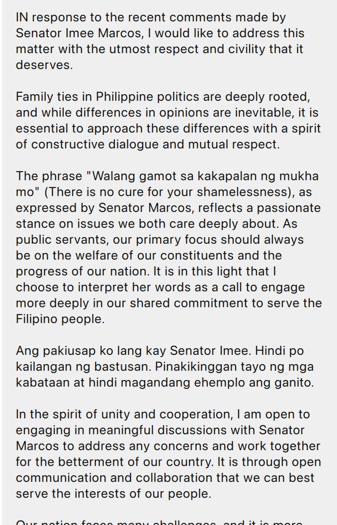 ABSCBNNews's tweet photo. House Speaker Martin Romualdez on cousin Senator Imee Marcos' remarks during the Senate investigation on the People's Initiative.
"Ang pakiusap ko lang kay Senator Imee. Hindi po kailangan ng bastusan. Pinakikinggan tayo ng mga kabataan at hindi magandang ehemplo ang ganito," he said. | via @RG_Cruz12479
LIVE: https://t.co/OezMfsT5Q3