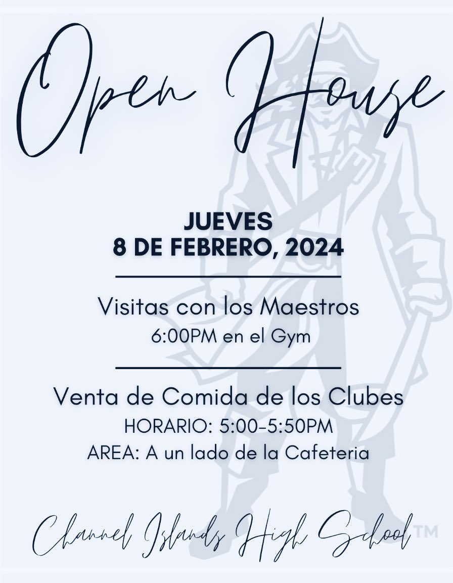 Save the Date for @cihs_raiders’s Open House on Thursday, Feb 8, 2024. Sale of refreshments 5-550pm. Program begins promptly at 6pm in our Gym. All partner schools and their families are invited to attend! We hope to see everyone at the Islands! #RaiderPride #weareoxnardunion