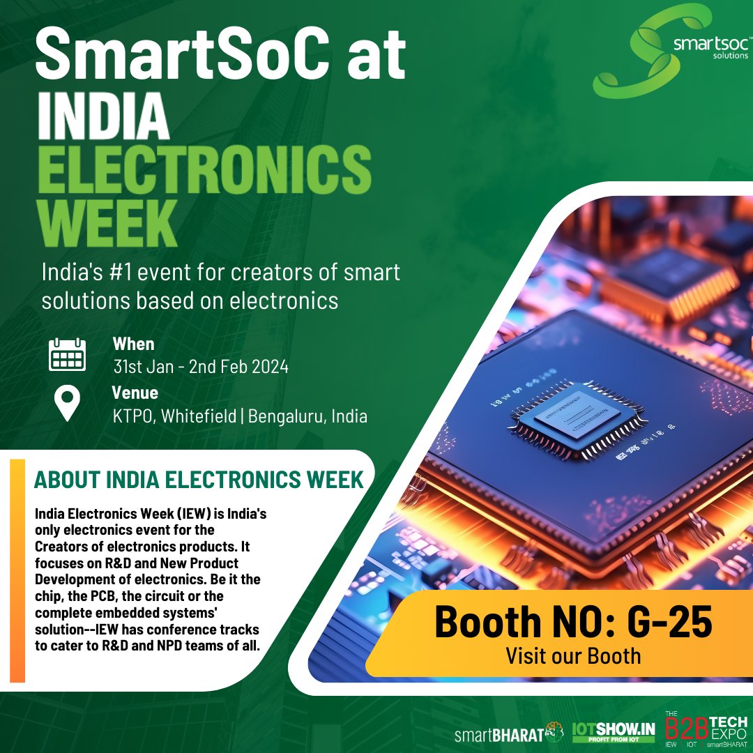 smartsocs's tweet photo. 🚗 Exciting news at #IndiaElectronicsWeek2024! Join us at Booth G-25 for the latest in automotive tech with #SmartSoC. 🌐🎉

📅 Jan 31 - Feb 2, 2024
📍 KTPO, Whitefield | Bengaluru
🕰️ 10 AM - 6 PM

Learn More: https://t.co/lizJDu48vf

#IEW2024 #AutomotiveTech #Innovation" https://t.co/XxJFz3Ahse