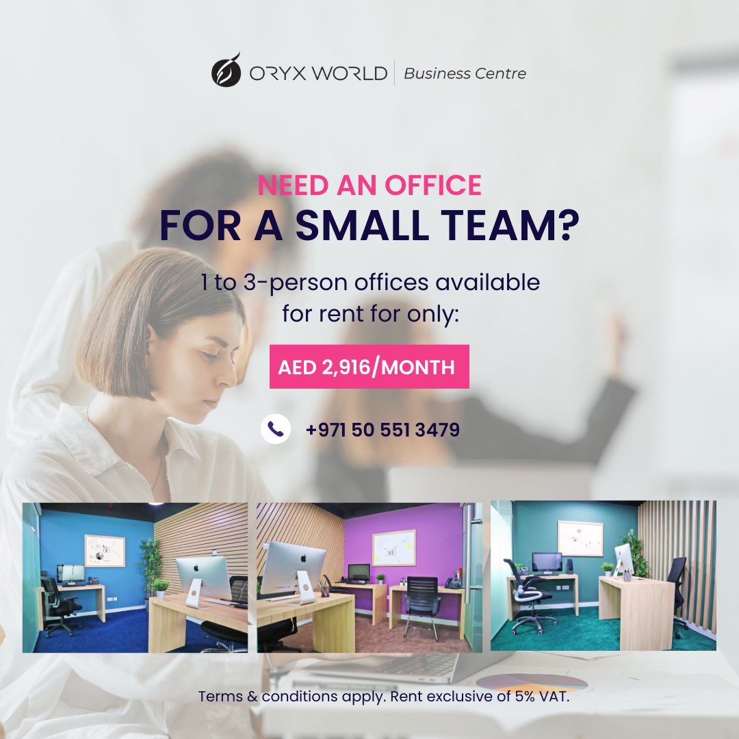 Starting up with a #smallteam? We have the perfect space for you! Our 1- to 3-person #offices are available to rent for only AED 2,916 per month, with #flexibleleasing options.

Book a tour today! Call +971 4 446 2000

Ts &amp; Cs Apply. Price Excl. of 5% VAT
#OryxWorldBusinessCentre
