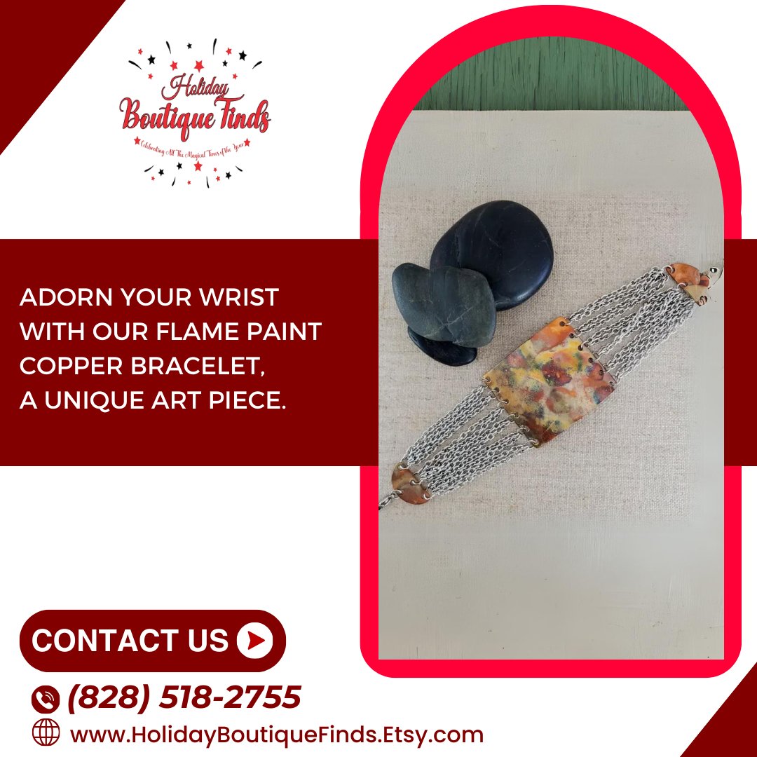 HolidayFindsNC's tweet image. Discover the Flame Paint Copper Bracelet, handmade artistry from Alexander NC. Unique torched hues on stainless steel. #HandmadeJewelry #UniqueArtistry #AlexanderNC A statement piece. Call (828) 518-2755 for yours.