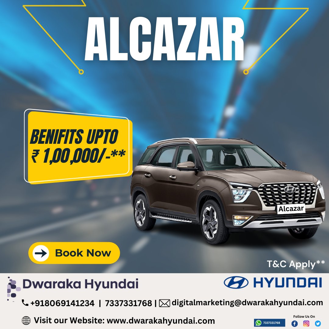 Unleash the thrill of the road with Hyundai Alcazar & Verna! 🚗💨 Enjoy discounts of up to Rs100,000 on your dream ride! #Hyundai #Alcazar #Verna #DreamCar #DiscountsGalore
To know more, visit our showroom or call us at +91 7337331768
.
.
#DwarakaHyundai