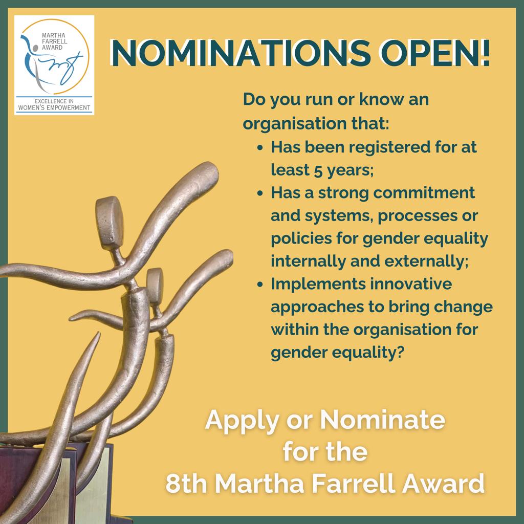 We are now inviting nominations for the 8th Martha Farrell Awards in the Institutional Category. If you run or know an organization that has undertaken impactful initiatives towards gender equality, head to the link in bio to nominate. 

#genderequality #MFA #Nominatenow