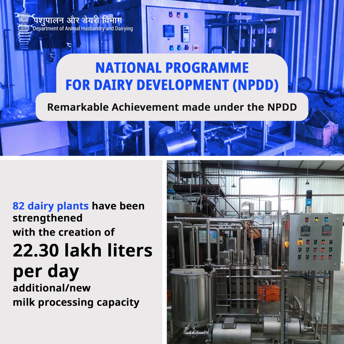Dept_of_AHD's tweet image. Transforming Dairy Infrastructure: 
A significant stride under the National Programme for Dairy Development (NPDD). Strengthening 82 dairy plants, unlocking an impressive 22.30 lakh liters per day of additional/new #milkprocessing capacity. #NPDD #Milkproduction