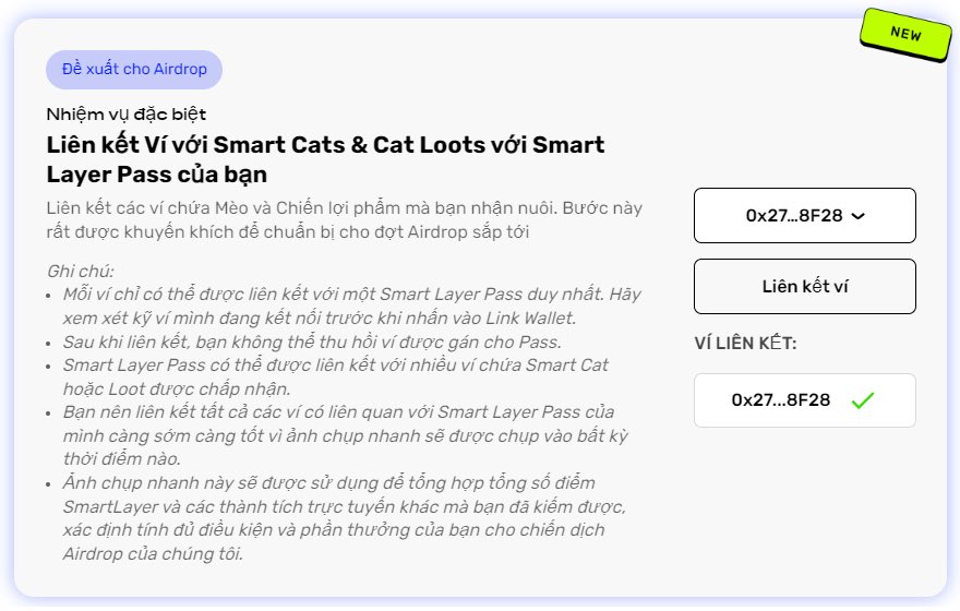 AzuraETH's tweet image. Tham gia và hoàn thành nhiệm vụ liên kết ví nuôi #SmartCat với #Smartpass để chuẩn bị cho airdrop.

smartlayer.network/pass?tab=quest