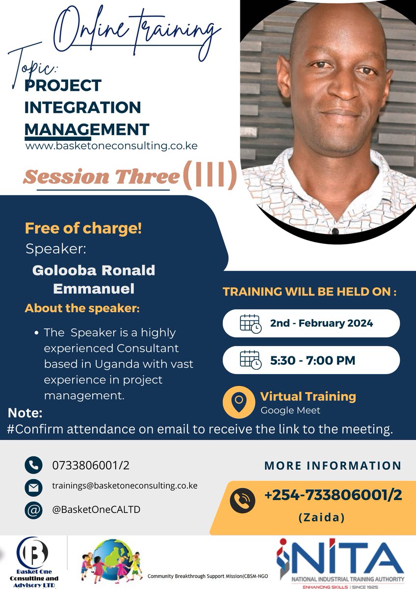 Our Session Three of Project Integration Management is on this Friday evening! The training is EXCLUSIVELY free of charge! Reach out on trainings@basketoneconsulting.co.ke for registration! Trends: Khalwale | EABL | Babu Owino | Mane | Somalia | Senegal | #MainaAndKingangi