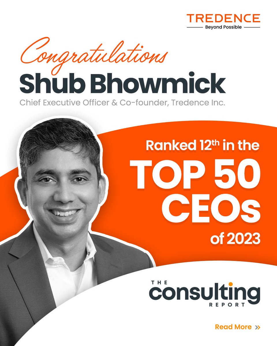 Congratulations on being ranked 12th in the Top 50 Consulting Firm #CEOs of 2023 #BeyondPossible #Tredence #Ai #DataAnalytics