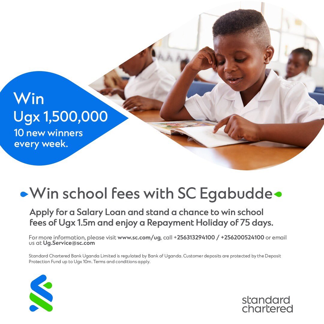 Januworry is almost ending but also the back-to-school period is here. Luckily, you don’t need to worry anymore.

Apply for a loan of Ugx 35,000,000 & above from Standard Chartered Bank, stand a chance to win school fees of Ugshs 1.5M.

#ScEgabudde #HereForGood #WinSchoolFees