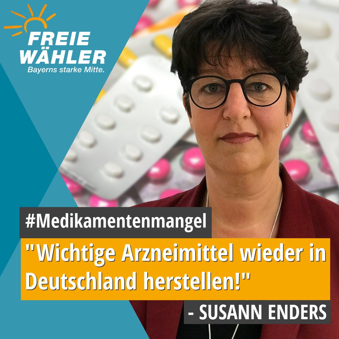 FREIE WÄHLER Bayern (@fw_bayern) on Twitter photo ‼️ #Medikamentenmangel - es muss gehandelt werden! 💊
2023 stieg die Anzahl der Lieferengpässe um fast 50 % zu 2022.
<a href="/EndersSusann/">Susann Enders</a> sagt: "Wir müssen uns unabhängig machen, damit wir nicht jedes Jahr in die Lage geraten, auch Ältere und Kinder nicht mehr versorgen zu können." ‼️ #Medikamentenmangel - es muss gehandelt werden! 💊
2023 stieg die Anzahl der Lieferengpässe um fast 50 % zu 2022.
<a href="/EndersSusann/">Susann Enders</a> sagt: "Wir müssen uns unabhängig machen, damit wir nicht jedes Jahr in die Lage geraten, auch Ältere und Kinder nicht mehr versorgen zu können."