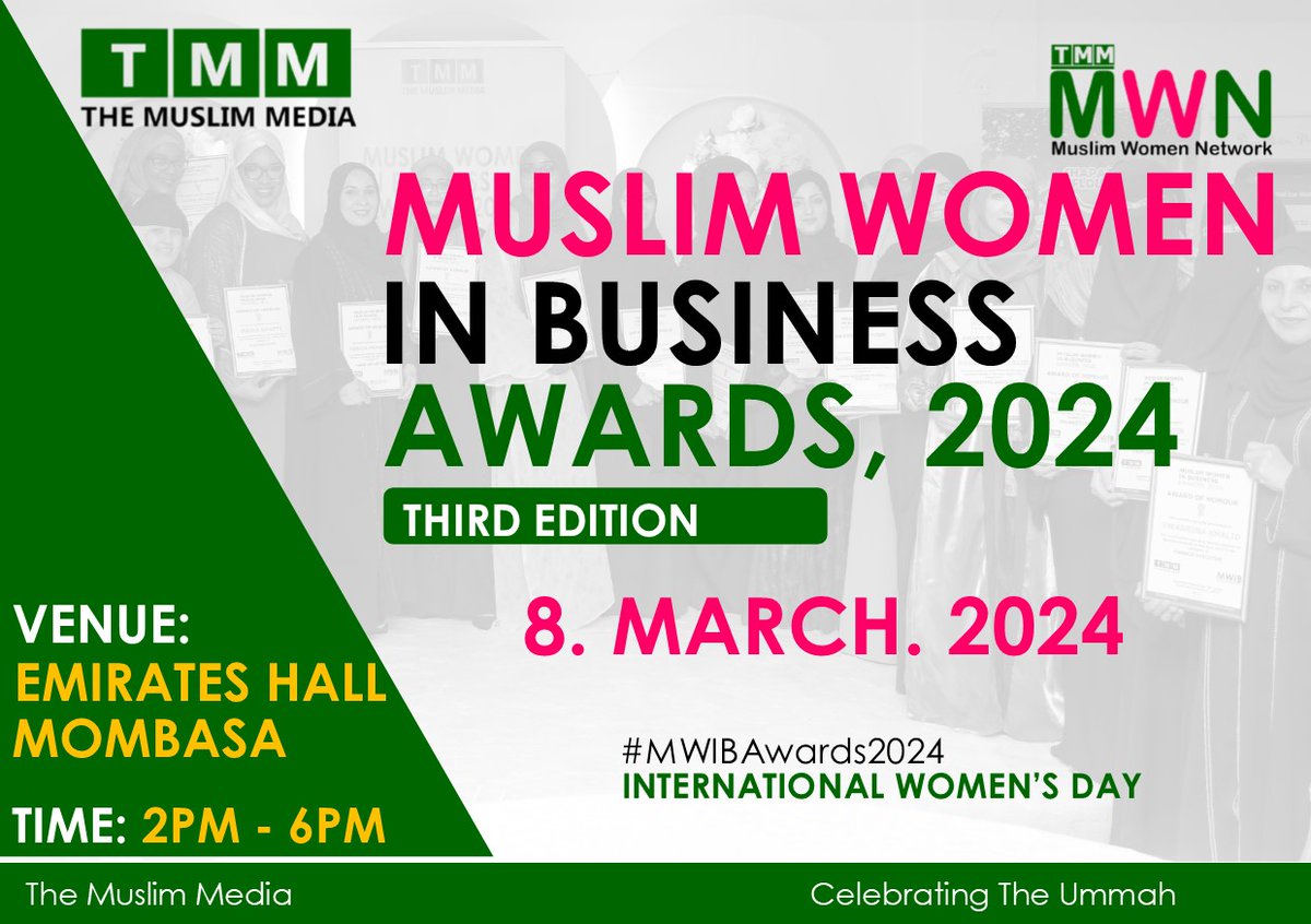 Muslim Women In Business Awards 2024 will take place on 8th March in Emirates Hall Mombasa, in shaa Allah. 

This is the 3rd edition of the MWIBA.

Are you ready?