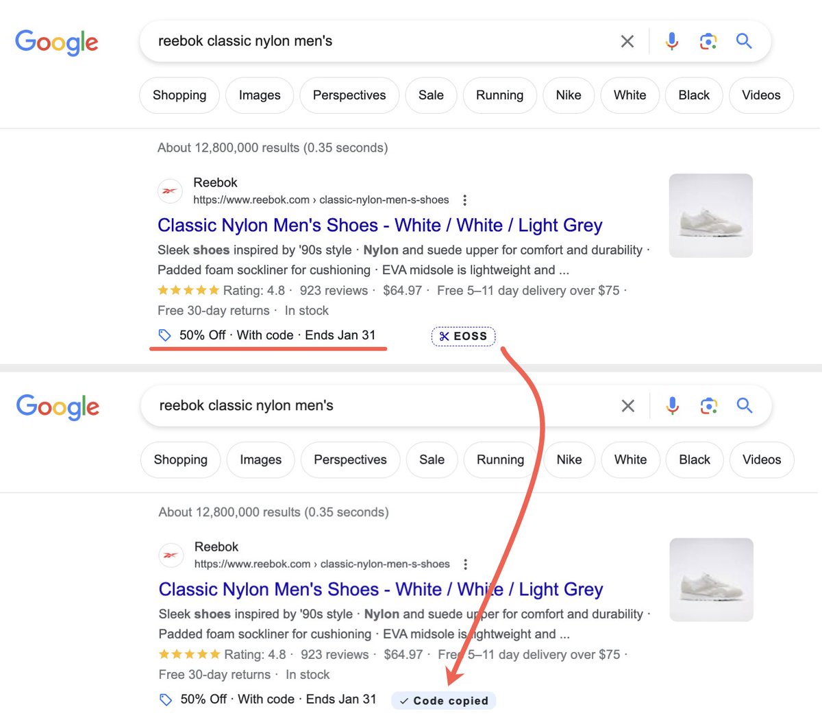 brodieseo's tweet image. Great example of how Reebok is using coupon codes in their SEO strategy. Managed in Merchant Center, they have a 50% off coupon code showing for their product page in the US. The new feature allows copying of the coupon to be used at checkout. More info: brodieclark.com/notes/?query=c…