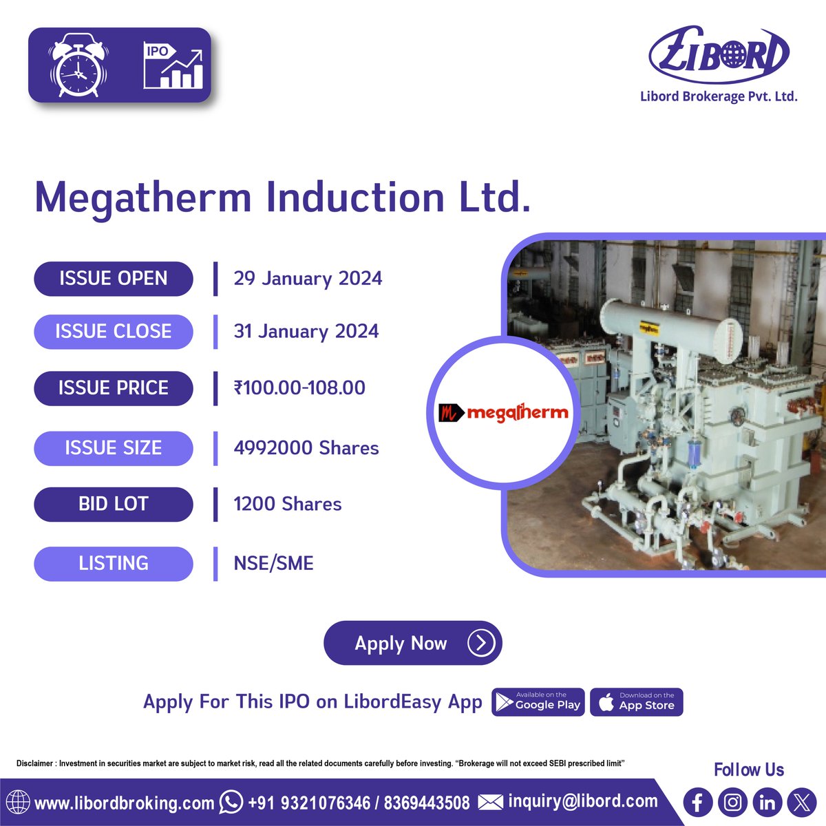 LibordBrokerage's tweet image. Harshdeep Hortico Ltd, Baweja Studios Ltd, Megatherm Induction Ltd and Mayank Cattle Food Ltd #IPO hit the market from #Today, book now

IPO Application Date: 29 January to 31 January 2024

Hurry to book your IPO at ekyc.libordbroking.com/eipo

#ApplyIPO #BookIPO #LatestIPO #IPOalert