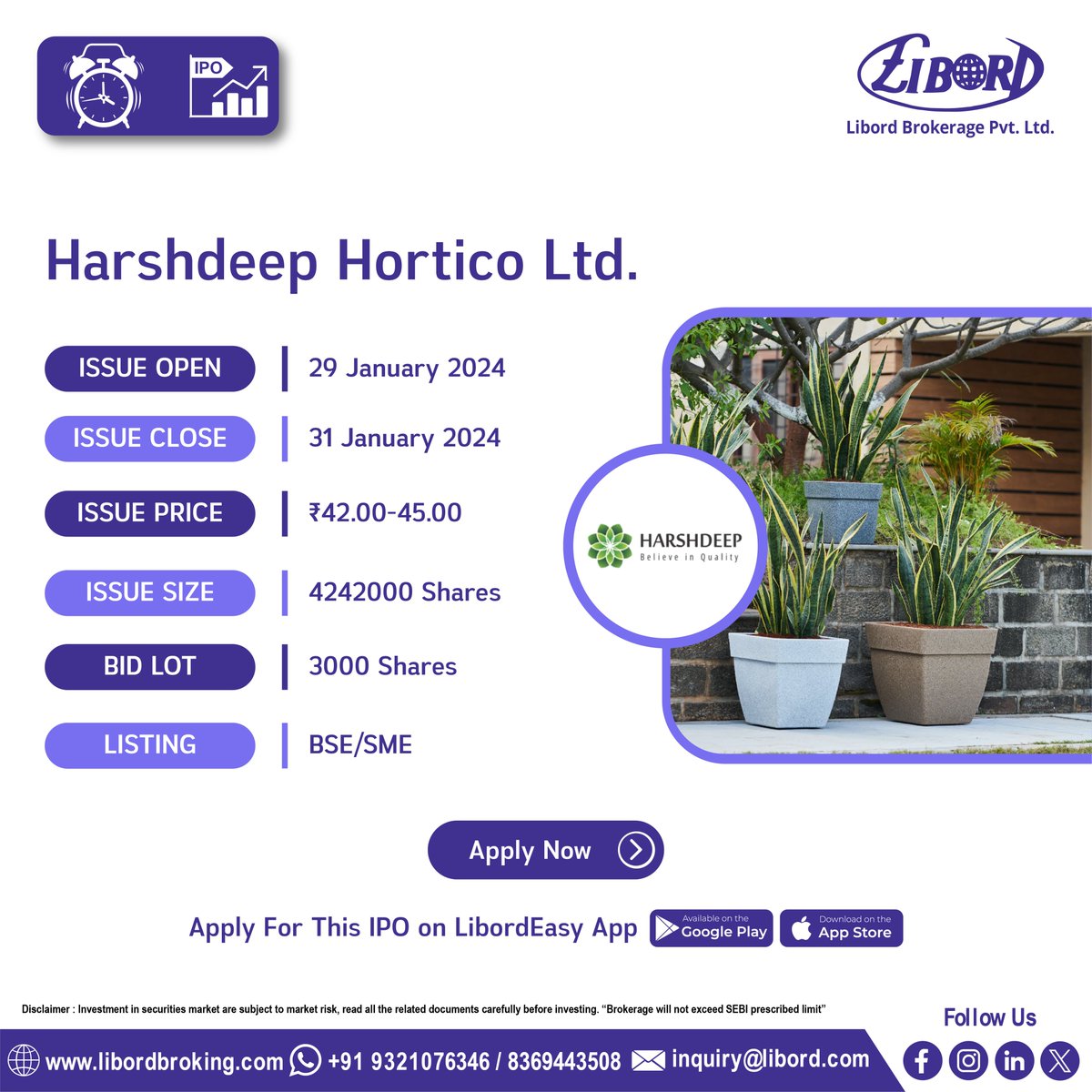LibordBrokerage's tweet image. Harshdeep Hortico Ltd, Baweja Studios Ltd, Megatherm Induction Ltd and Mayank Cattle Food Ltd #IPO hit the market from #Today, book now

IPO Application Date: 29 January to 31 January 2024

Hurry to book your IPO at ekyc.libordbroking.com/eipo

#ApplyIPO #BookIPO #LatestIPO #IPOalert