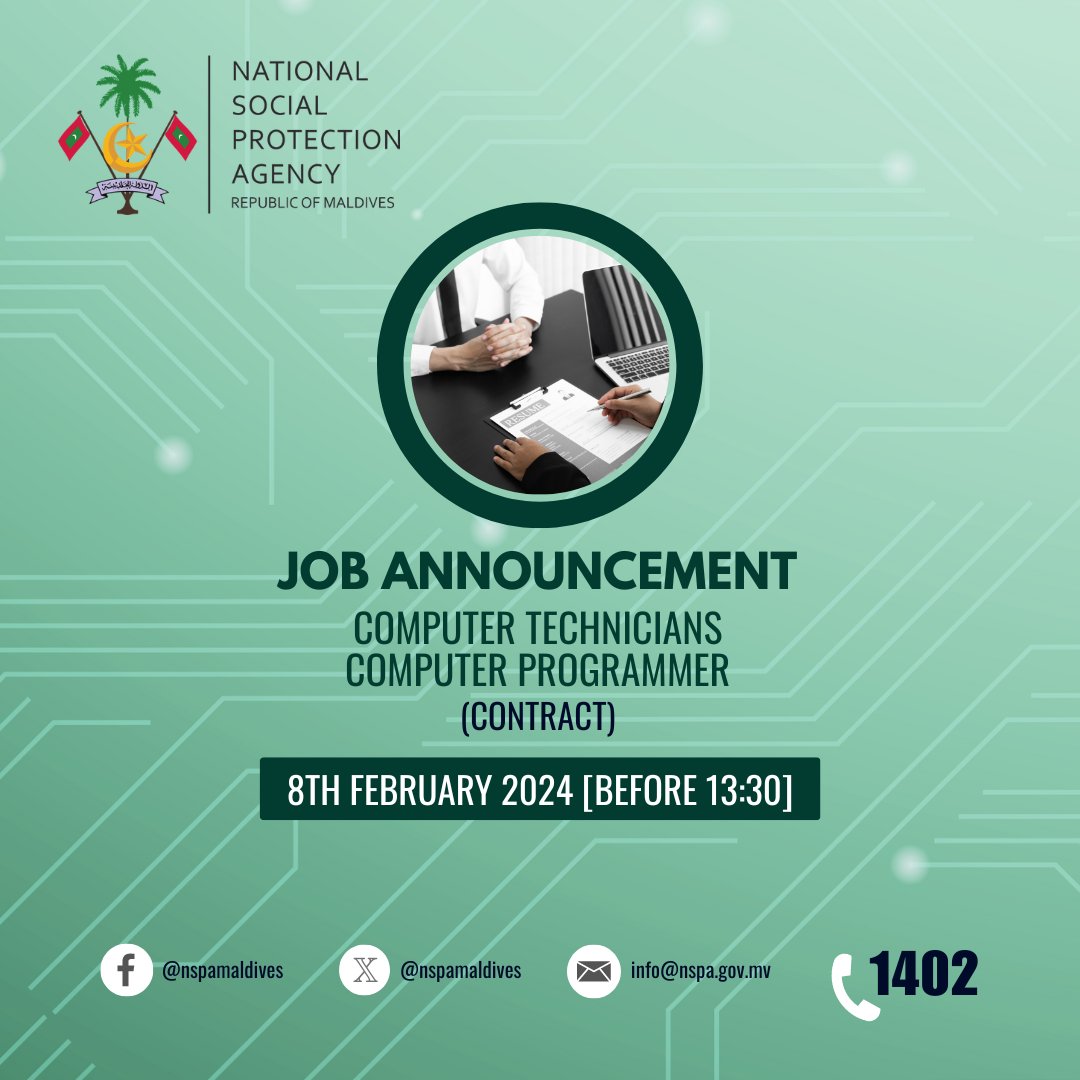 We are hiring for the below contract positions:
Computer Technicians: 
Salary range 16,840 - 22,300
Gazette Link: gazette.gov.mv/iulaan/275128 gazette.gov.mv/iulaan/275129
Computer Programmer: 
Salary 16,840
Gazette Link: gazette.gov.mv/iulaan/275132