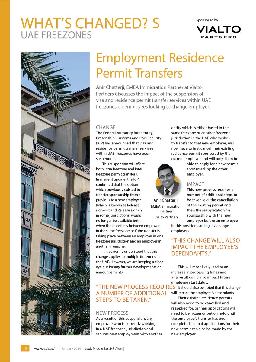 LexisNexis_ME's tweet photo. What's Changed in UAE Freezones? Anir Chatterji from Vialto Partners breaks down the impact of the suspension of visa and residence permit transfer services. Stay informed!
For more, click: https://t.co/sIsrNCOeM0
Subscribe now to #HRAlert: https://t.co/hjr2wpCaXc https://t.co/8GudwyJDbf