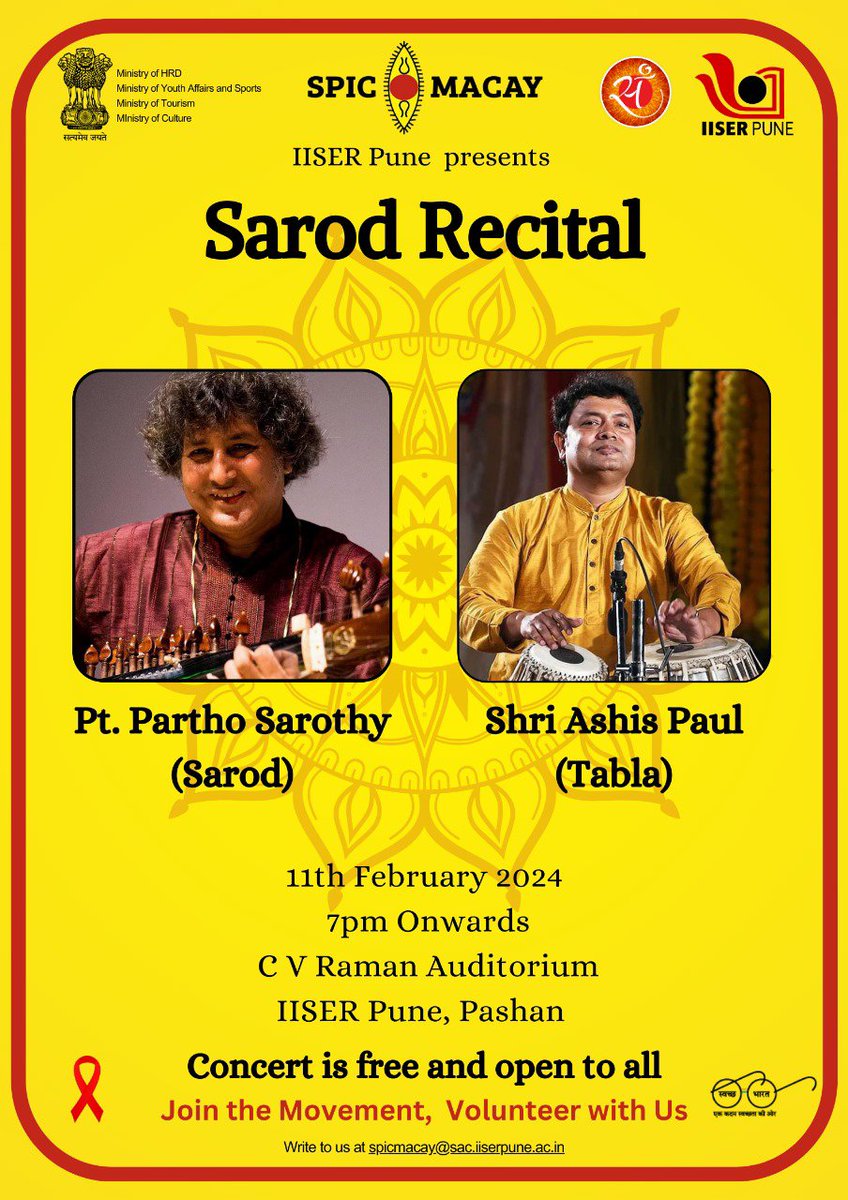 Sunday Feb 11, 2024. 7pm CV. Raman Auditorium @IISERPune Open to All. This promises to be a wonderful evening of music. Pt. Partho Sarothyji is a disciple of Pt. Ravi Shankar. Kindly RT and spread the word.