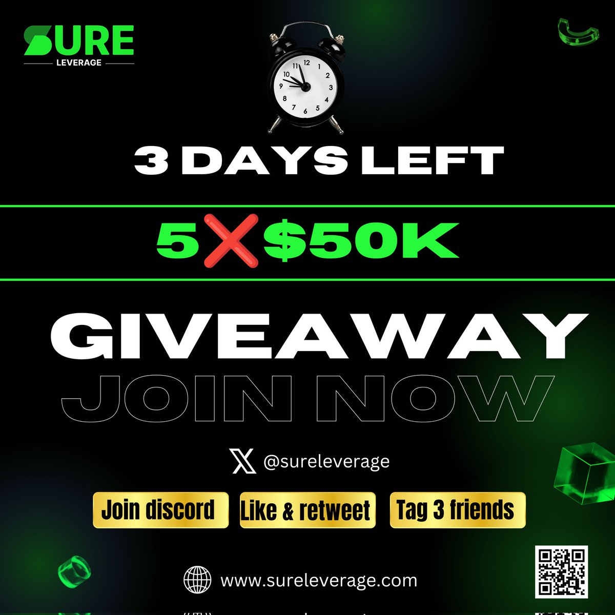 ⏰ Only 3 DAYS LEFT! 🎉 Don't miss your chance to win big with our 5X $50K GIVEAWAY! Join NOW for a shot at the prize! Follow @sureleverage, join our Discord, and spread the word by liking, retweeting, and tagging 3 friends! 🚀

To enter, simply:

1️⃣ Retweet this post
2️⃣ Like it