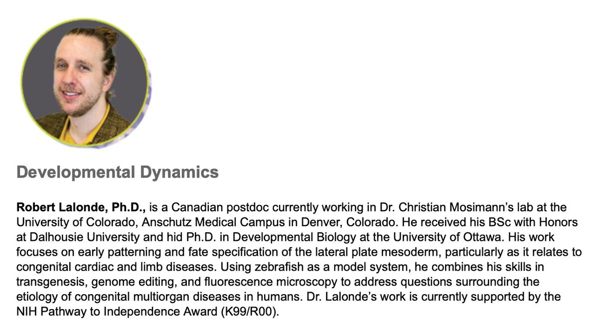 DevelopmentalDy's tweet photo. Congratulations to Dr Robert Lalonde for receiving Developmental Dynamics @DevelopmentalDy Early-Career Anatomist Publication Award

Functional comparison of human ACVR1 and zebrafish Acvr1l FOP-associated variants in embryonic zebrafish
https://t.co/w1CHSM4nFX https://t.co/DuWKVzLLdH
