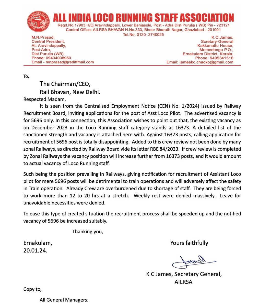 On'ble <a href="/airfindia/">AIRF</a> General Secretary Mr. <a href="/ShivaGopalMish1/">Shiva Gopal Mishra</a> Sir I would like to draw your attention to Railways CEN1/2024 which has 4times less recruitment of ALP whereas the last recruitment came in 2019.
#IncreaseRailwayALPVacancy #IncreaseRailwayVacancy 
<a href="/RailMinIndia/">Ministry of Railways</a> <a href="/the_hindu/">The Hindu</a>