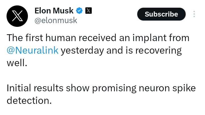 sandro_pozzi's tweet photo. Elon Musk anuncia el primer implante del interface Neuralink en el cerebro de un humano https://t.co/P3H1YBZdad