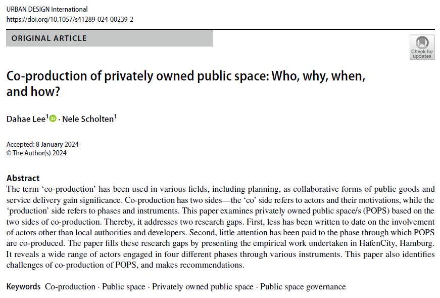 __DahaeLee's tweet photo. Who are the #coproducers of privately owned public spaces (POPS), why do they co-produce, when, and how? By presenting the empirical work undertaken in #HafenCity, Hamburg, this paper reveals a wide range of actors engaged in four phases and instruments. 
https://t.co/7zeiCsMEqd https://t.co/Fmye1EUFhF