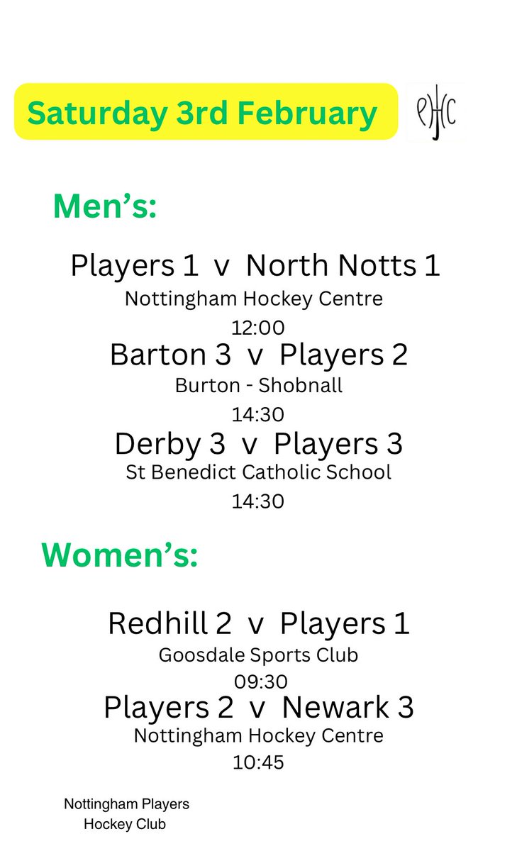 Nottsplayershc1's tweet photo. First set of fixtures, for Players, in the new month 💛💚🏑 https://t.co/fACJlpanVC