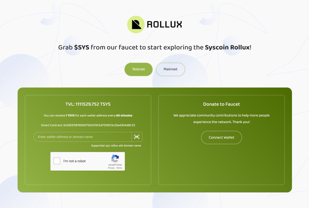 Chains.tools ๐ ๏ธ All-in-one crypto toolbox (@chains_tools) on Twitter photo ๐ Introducing the #Web3 Faucet Tool for <a href="/syscoin/">Syscoin</a> & <a href="/RolluxL2/">ROLLUX</a>
๐ง Request $SYS on Testnet & Mainnet effortlessly:
โ
 chains.tools/faucet/nevm
โ
 chains.tools/faucet/rollux
๐ Free gas fees for transactions & uncover the limitless potential of the #syscoin network #SYS #RolluxL2 ๐ Introducing the #Web3 Faucet Tool for <a href="/syscoin/">Syscoin</a> & <a href="/RolluxL2/">ROLLUX</a>
๐ง Request $SYS on Testnet & Mainnet effortlessly:
โ
 chains.tools/faucet/nevm
โ
 chains.tools/faucet/rollux
๐ Free gas fees for transactions & uncover the limitless potential of the #syscoin network #SYS #RolluxL2