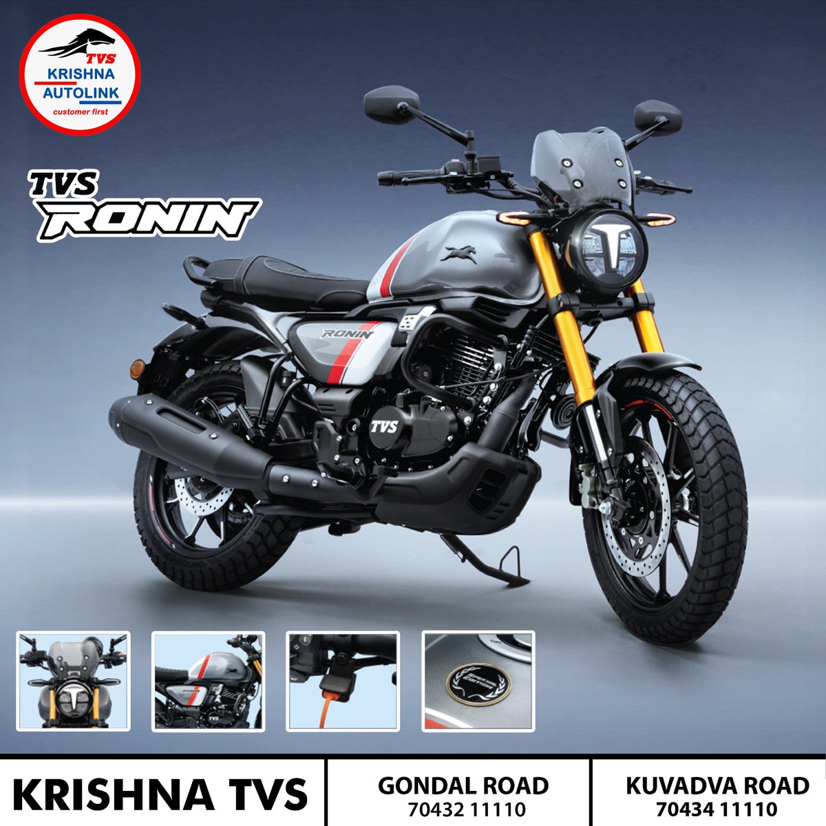 AutolinkKr7435's tweet image. The Ronin is a new modern retro motorcycle from TVS.
225c engine .
.
.
.
#tvsbike #tvsbikemodified #krishnaautolink #rajkot_diaries #rajkotnews #tvsronin225 #TVSRonin #tvsbikes #tvsbikeshowroom