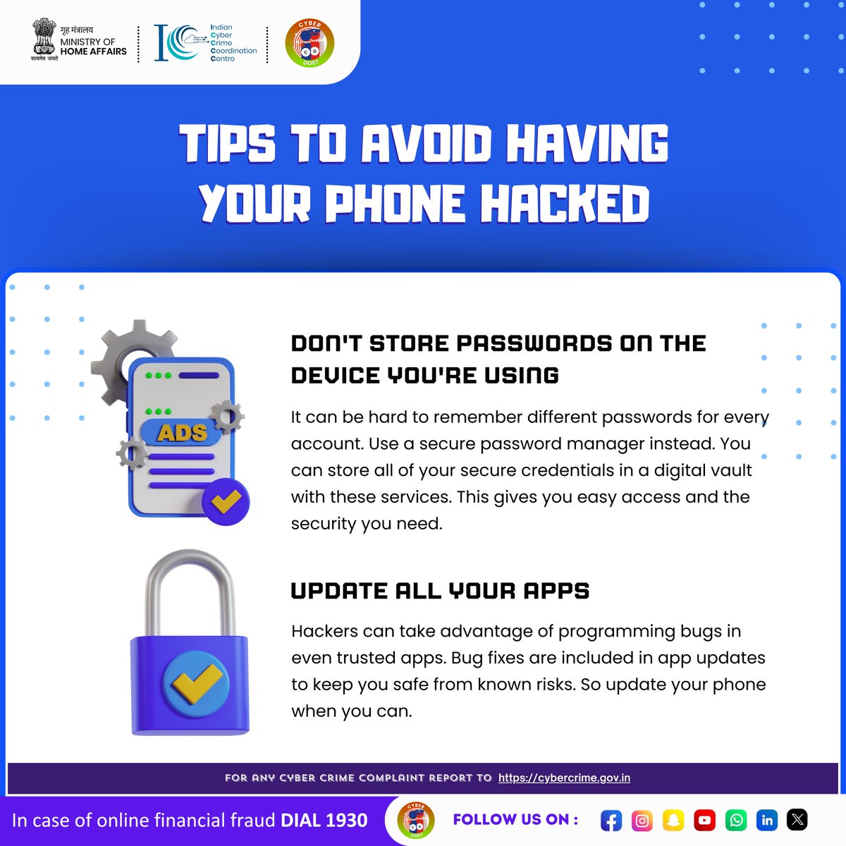 'Protect Your Phone: Top Tips to Avoid Hacking'
#I4C #MHA #Cyberdost #Cybercrime #Cybersecurity #DigitalSafety #Stayalert #News #SocialmediaInsights #Share #Awareness