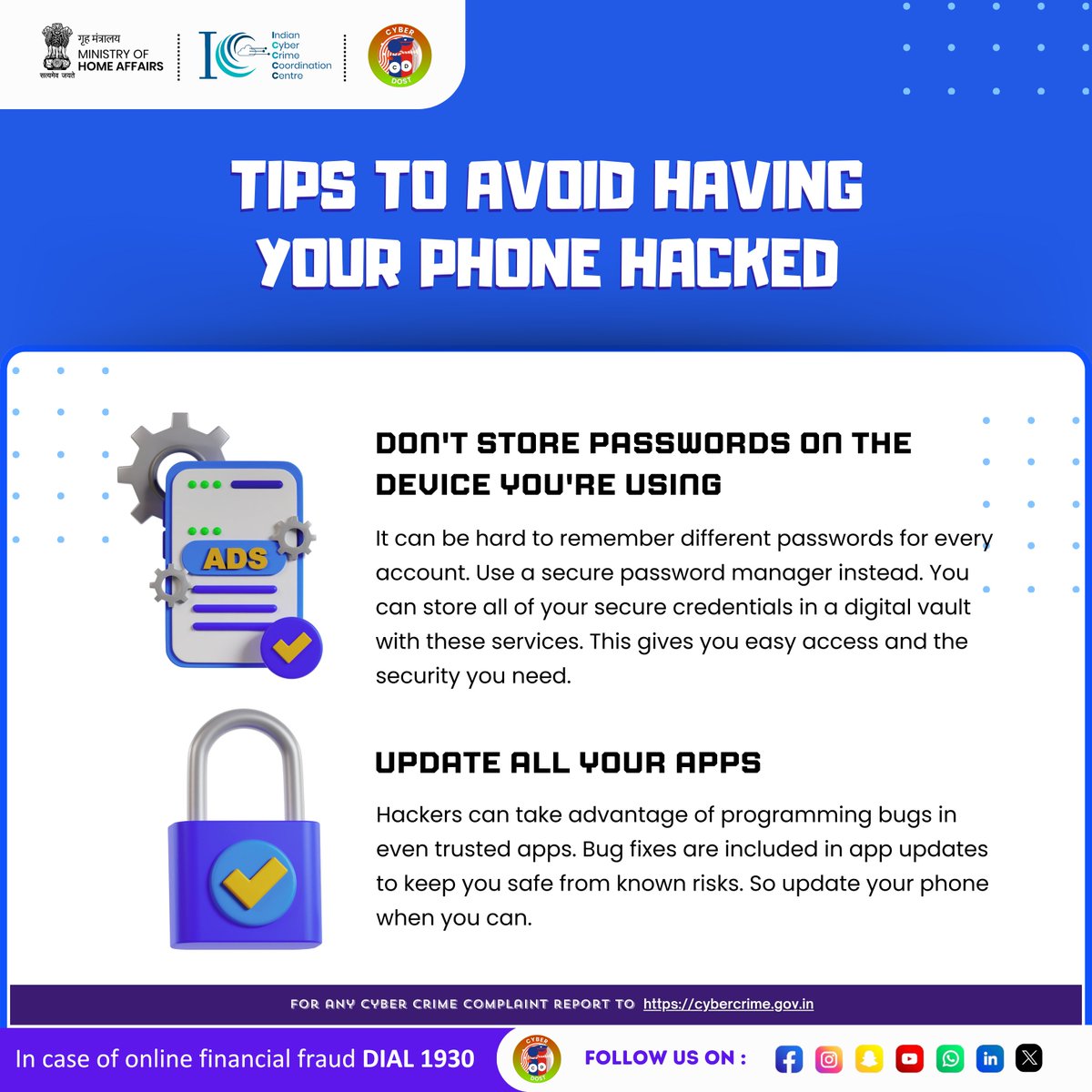 Cyberdost's tweet photo. "Protect Your Phone: Top Tips to Avoid Hacking"
#I4C #MHA #Cyberdost #Cybercrime #Cybersecurity #DigitalSafety #Stayalert #News #SocialmediaInsights #Share #Awareness https://t.co/iBaY7qIzKF