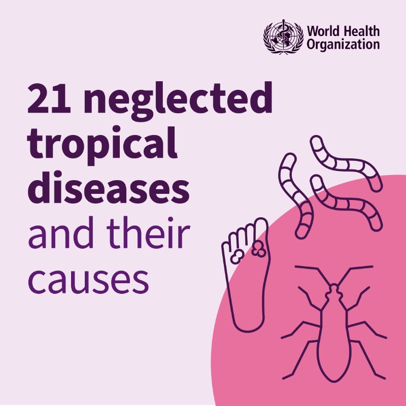 WHO's tweet photo. There are 21 neglected tropical diseases.

Find out what they are and what causes them

#NeglectedNoMore