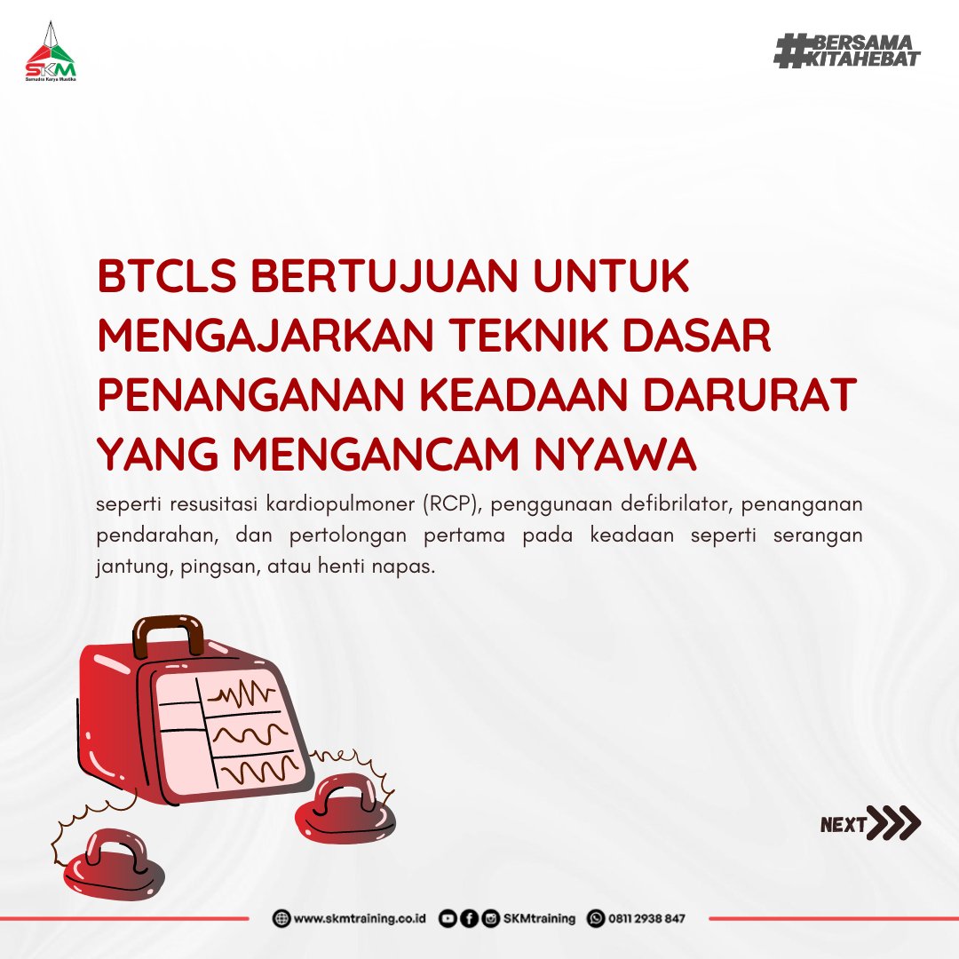 skmtraining_'s tweet photo. Halo Sobat SKM!
SKM Training punya pelatihan yang namanya Basic Life Support Certification (BTCLS) loh! Yuk kita kenalan sama BTCLS, simak berikut ini yaaโ๏ธ
#btcls #basiclifesupport #training #pelatihan #sertifikasi #k3 #pjk3indonesia #safety #trainingjogja #skmtraining https://t.co/eqwzF0IJsN