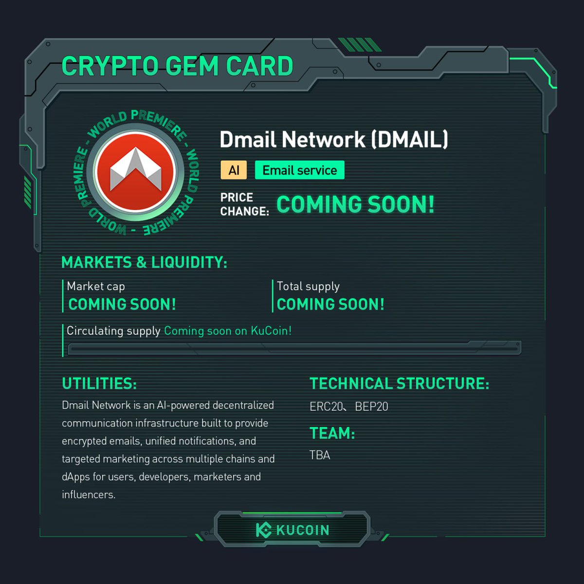 kucoincom's tweet photo. $DMAIL trading is now live on #KuCoin!
🚀DMAIL/USDT: https://t.co/TdbOsCl1eg
Find out more about Dmail Network in #KuCoinCryptoGem card.
#AI #EmailService https://t.co/AMD1eIXTuo