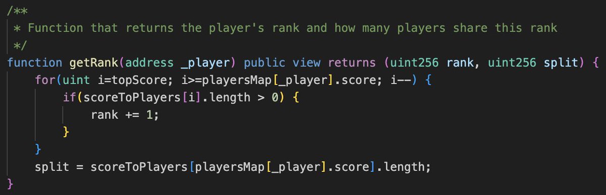 0xwetzo's tweet photo. @usemoonai Then, we can get the user rank by looping on the scoreToPlayer array from the top score to the user score and count the non-empty entries. To stay efficient, this suppose the scores will stay in a tight range. It's our case! #DeFiConquest @usemoonai https://t.co/8Y2vdRewLS